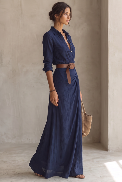 Damska sukienka koszulowa maxi z kołnierzykiem i długim rękawem-Maxi Dress-Olave