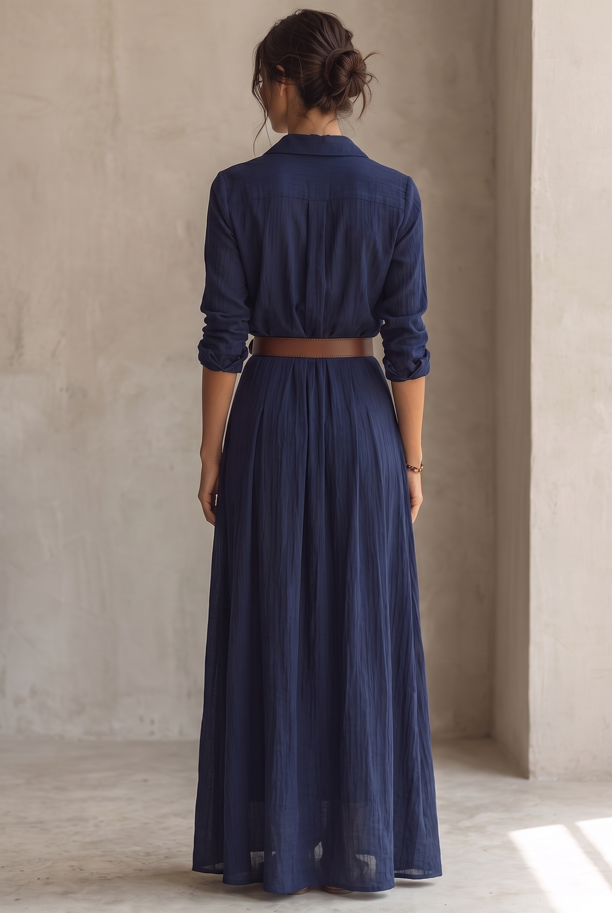 Damska sukienka koszulowa maxi z kołnierzykiem i długim rękawem-Maxi Dress-Olave
