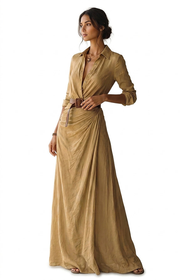 Damska sukienka koszulowa maxi z kołnierzykiem i długim rękawem-Maxi Dress-Olave