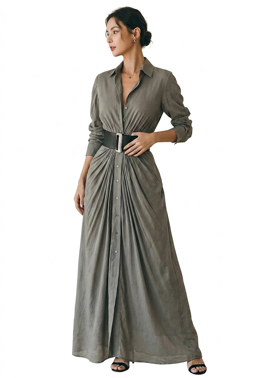 Damska sukienka koszulowa maxi z kołnierzykiem i długim rękawem-Maxi Dress-Olave
