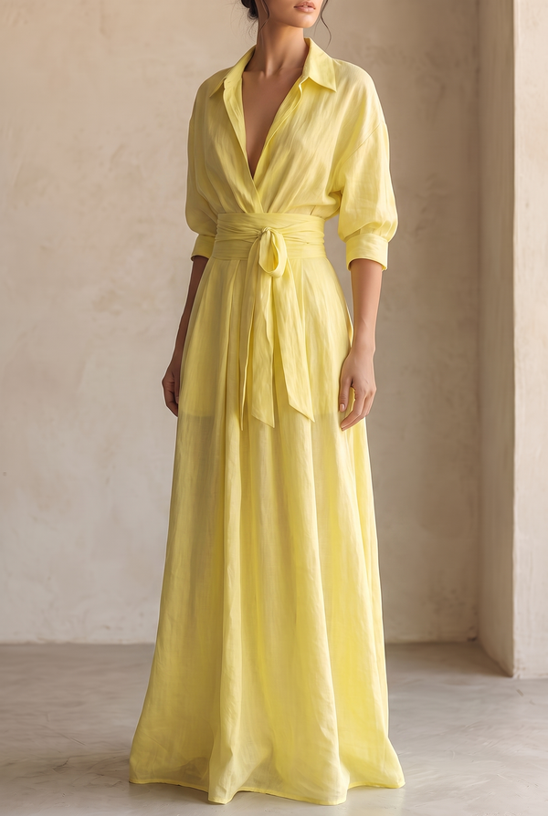 Damska sukienka koszulowa maxi z wiązaniem w talii i rękawami o długości 1/2-Maxi Dress-Olave