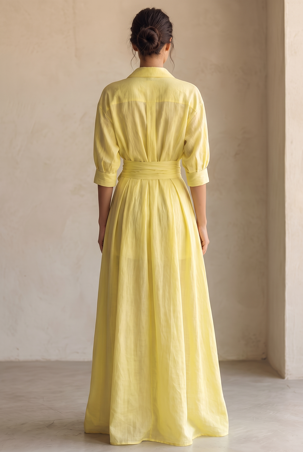 Damska sukienka koszulowa maxi z wiązaniem w talii i rękawami o długości 1/2-Maxi Dress-Olave