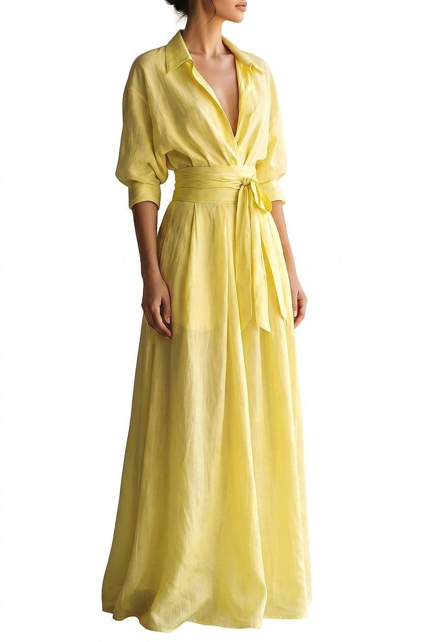 Damska sukienka koszulowa maxi z wiązaniem w talii i rękawami o długości 1/2-Maxi Dress-Olave