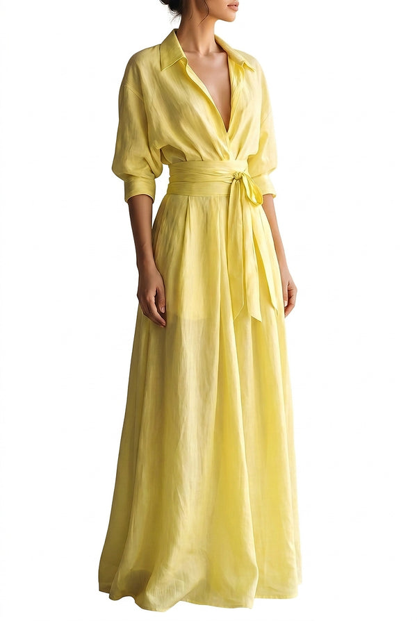 Damska sukienka koszulowa maxi z wiązaniem w talii i rękawami o długości 1/2-Maxi Dress-Olave