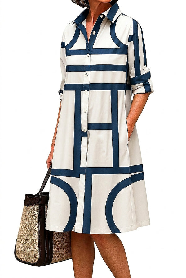 Damska sukienka koszulowa midi w geometryczne wzory-Midi Dress-Olave