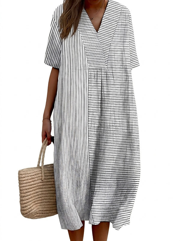 Damska sukienka koszulowa midi w paski z dekoltem w serek-Midi Dress-Olave