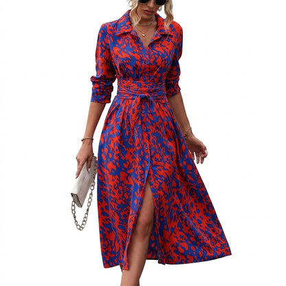 Damska sukienka koszulowa midi z wiązaniem w talii-Maxi Dress-Olave