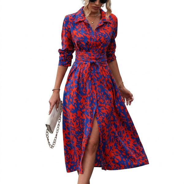 Damska sukienka koszulowa midi z wiązaniem w talii-Maxi Dress-Olave