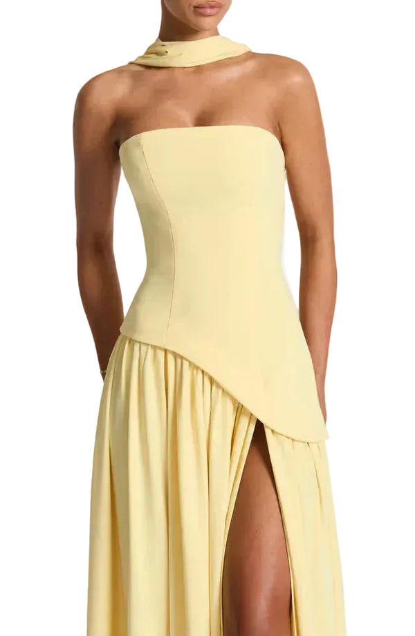Damska Sukienka Maxi bez ramiączek z asymetryczną talią i rozcięciem-Maxi Dress-Olave