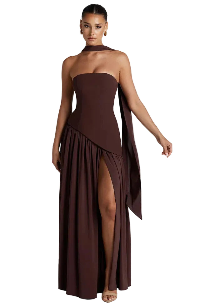 Damska Sukienka Maxi bez ramiączek z asymetryczną talią i rozcięciem-Maxi Dress-Olave