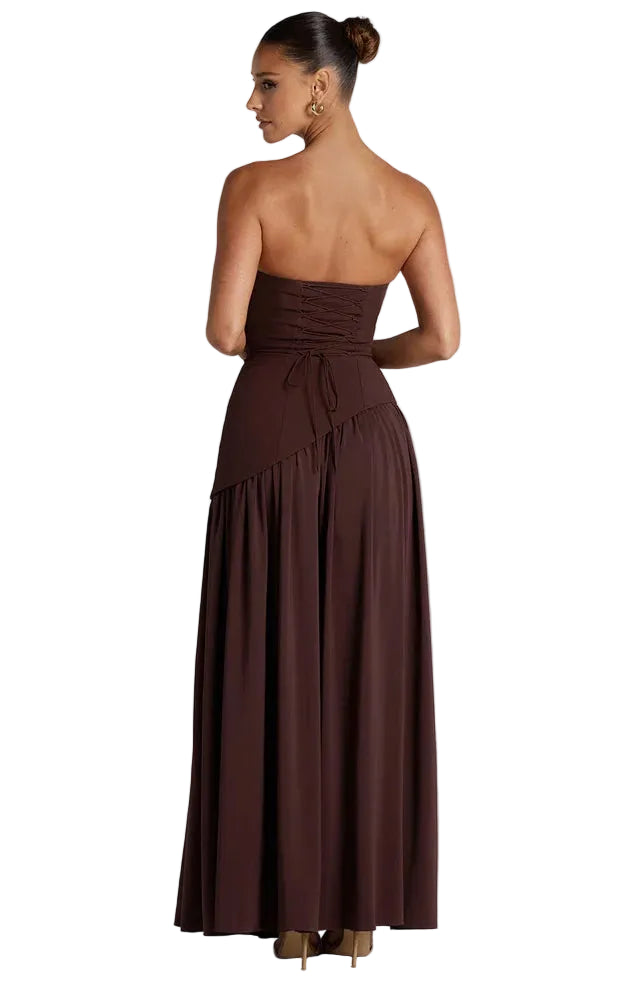 Damska Sukienka Maxi bez ramiączek z asymetryczną talią i rozcięciem-Maxi Dress-Olave
