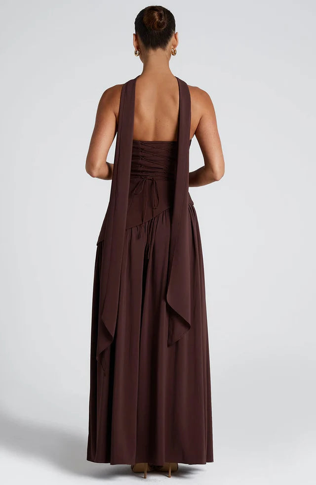 Damska Sukienka Maxi bez ramiączek z asymetryczną talią i rozcięciem-Maxi Dress-Olave