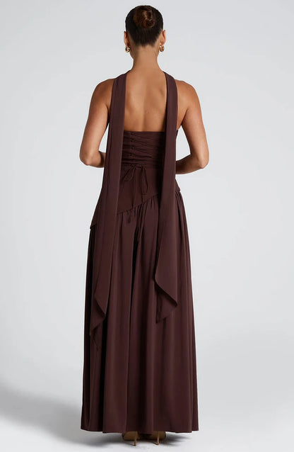 Damska Sukienka Maxi bez ramiączek z asymetryczną talią i rozcięciem-Maxi Dress-Olave