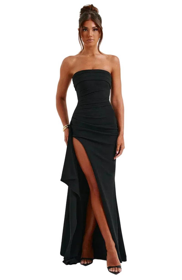Damska Sukienka Maxi Bez Ramiączek z Asymetrycznym Dołem i Rozcięciem-Maxi Dress-Olave