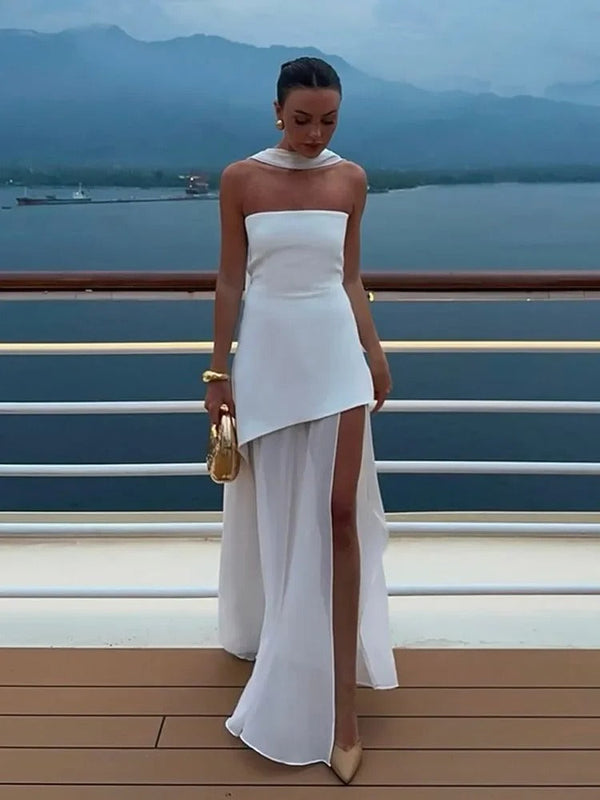 Damska sukienka maxi bez ramiączek z panelem przy szyi i rozcięciem spódnicy-Maxi Dress-Olave