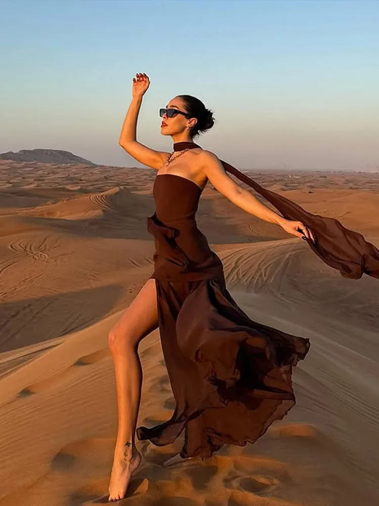 Damska sukienka maxi bez ramiączek z panelem przy szyi i rozcięciem spódnicy-Maxi Dress-Olave