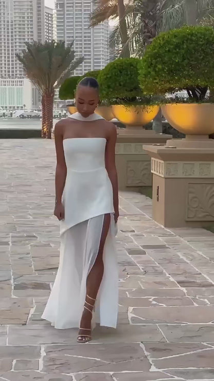 Damska sukienka maxi bez ramiączek z panelem przy szyi i rozcięciem spódnicy-Maxi Dress-Olave