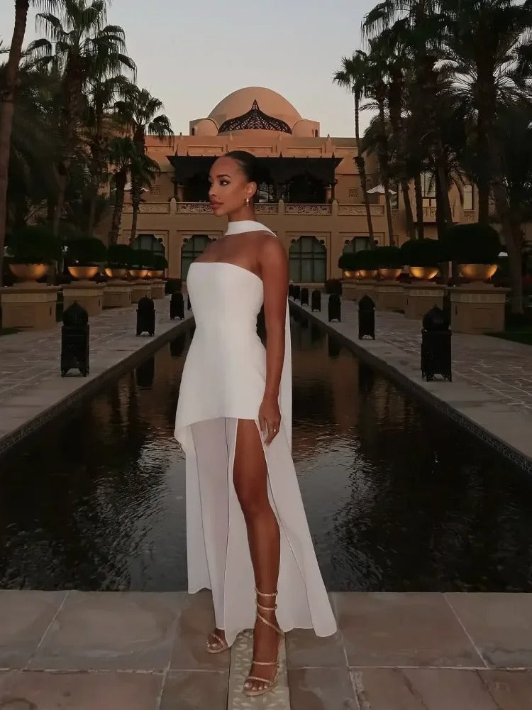 Damska sukienka maxi bez ramiączek z panelem przy szyi i rozcięciem spódnicy-Maxi Dress-Olave