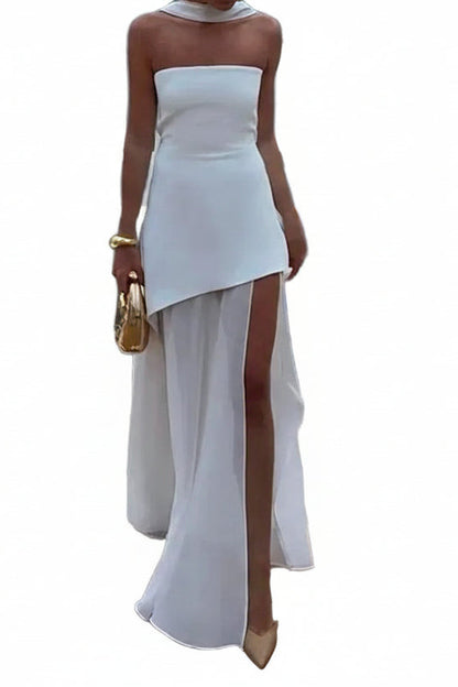 Damska sukienka maxi bez ramiączek z panelem przy szyi i rozcięciem spódnicy-Maxi Dress-Olave