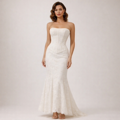 Damska sukienka maxi bez ramiączek ze strukturalną górą i rozszerzanym dołem-Maxi Dress-Olave