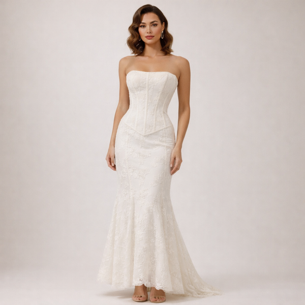 Damska sukienka maxi bez ramiączek ze strukturalną górą i rozszerzanym dołem-Maxi Dress-Olave