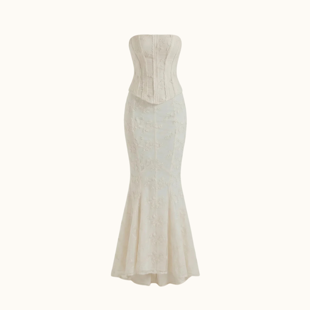 Damska sukienka maxi bez ramiączek ze strukturalną górą i rozszerzanym dołem-Maxi Dress-Olave