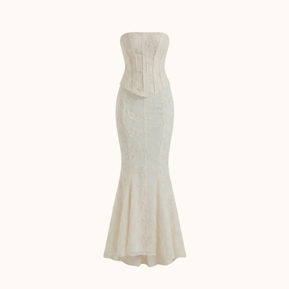 Damska sukienka maxi bez ramiączek ze strukturalną górą i rozszerzanym dołem-Maxi Dress-Olave