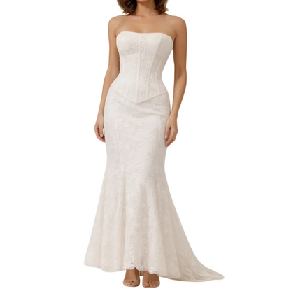 Damska sukienka maxi bez ramiączek ze strukturalną górą i rozszerzanym dołem-Maxi Dress-Olave