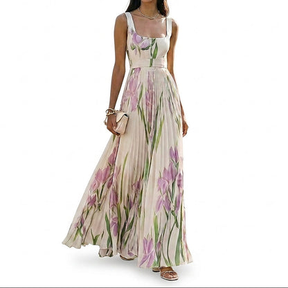 Damska sukienka maxi bez rękawów w kwiatowy wzór z plisami-Maxi Dress-Olave