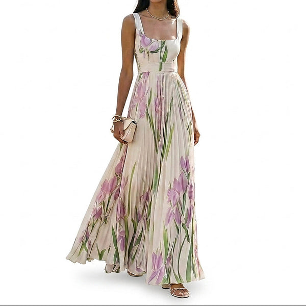 Damska sukienka maxi bez rękawów w kwiatowy wzór z plisami-Maxi Dress-Olave