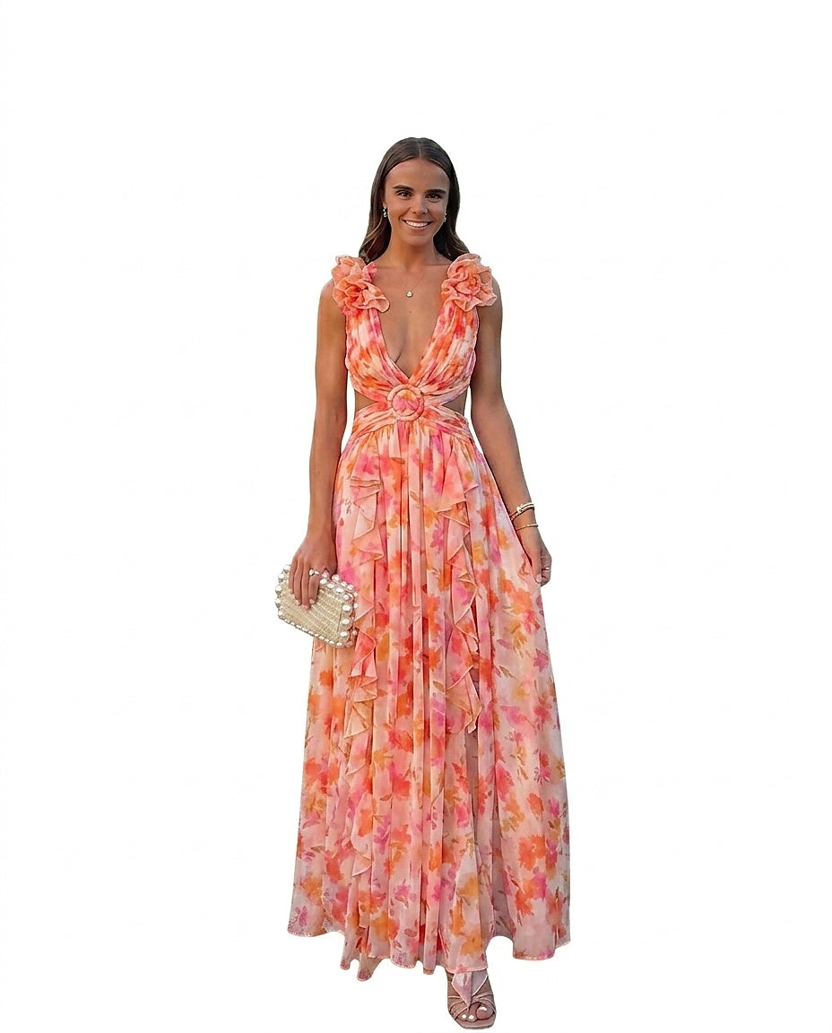 Damska sukienka maxi bez rękawów w kwiatowy wzór-Maxi Dress-Olave