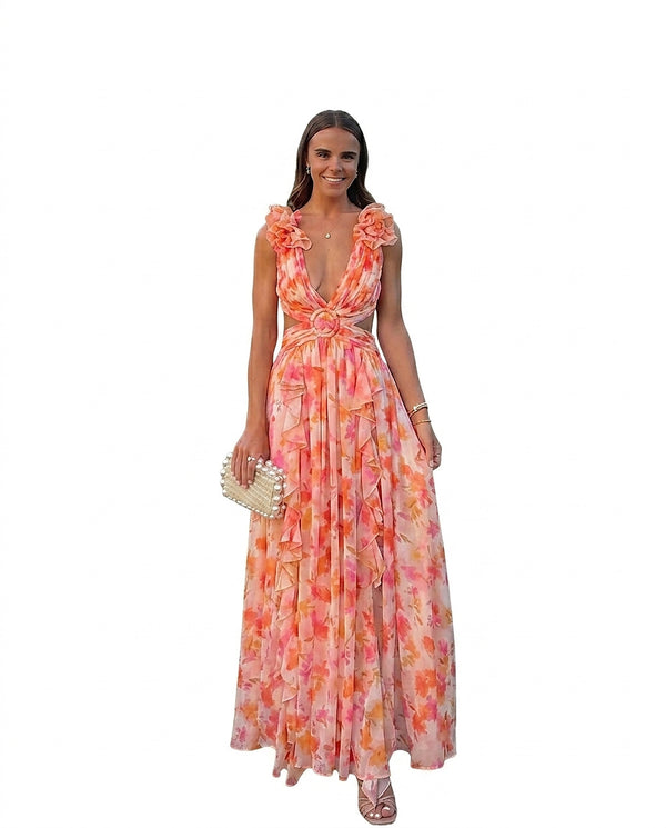 Damska sukienka maxi bez rękawów w kwiatowy wzór-Maxi Dress-Olave