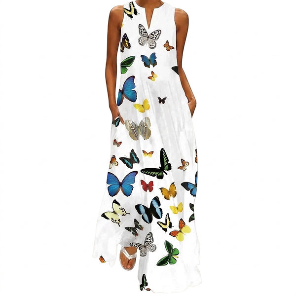 Damska sukienka maxi bez rękawów w motyle-Maxi Dress-Olave