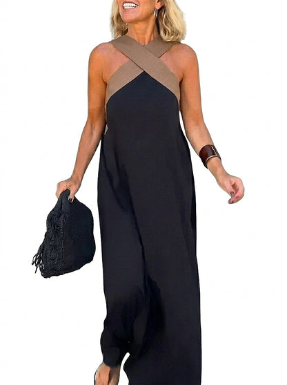 Damska sukienka maxi bez rękawów z dekoltem typu cross-neck-Maxi Dress-Olave
