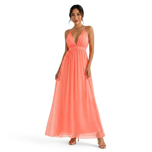 Damska sukienka maxi bez rękawów z dekoltem w serek-Maxi Dress-Olave