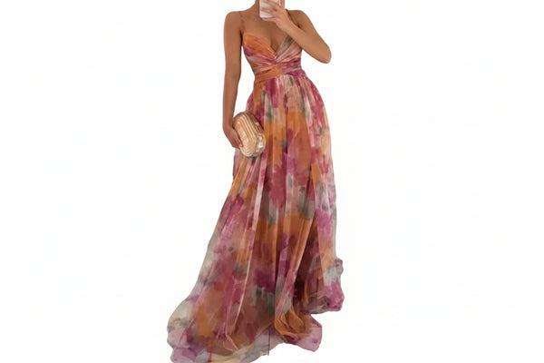 Damska Sukienka Maxi na Cienkich Ramiączkach z Kopertową Górą i Wycięciem w Talii-Maxi Dress-Olave