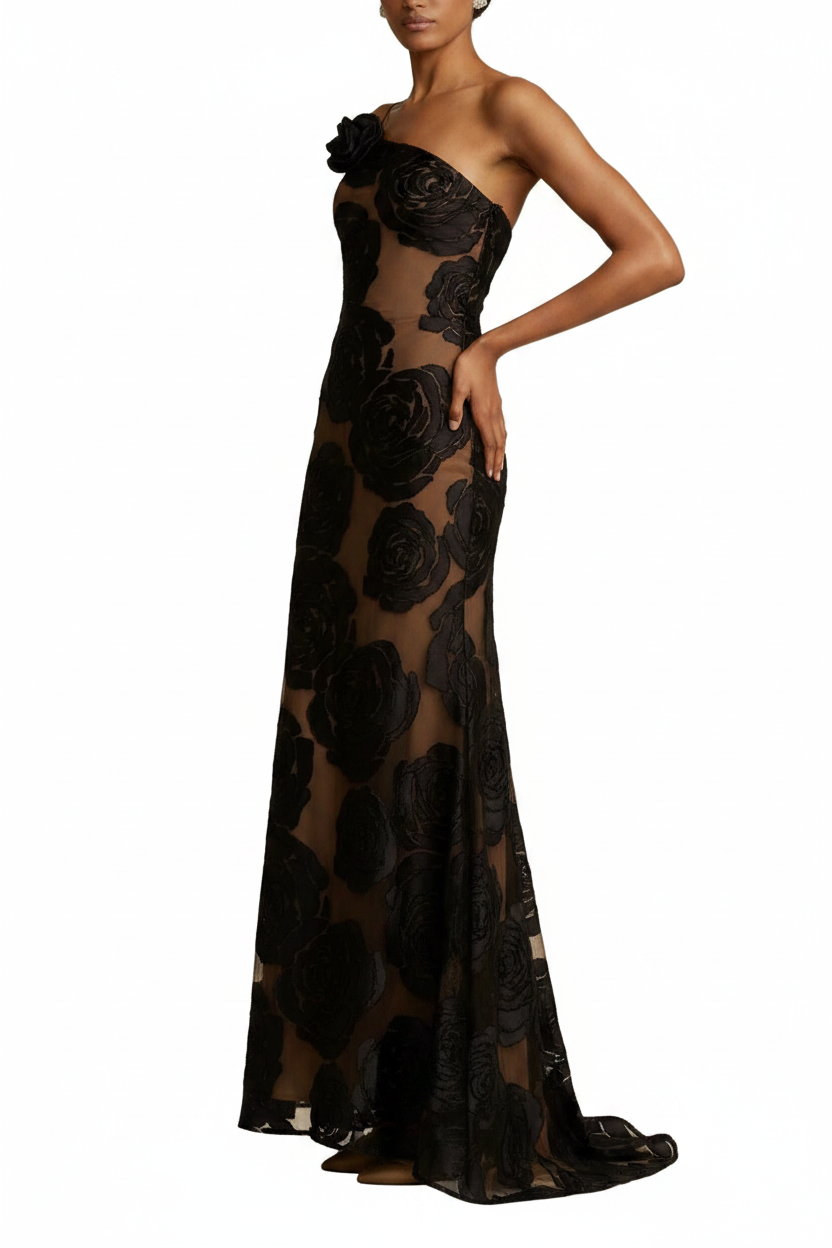 Damska sukienka maxi na jedno ramię z motywem kwiatowym-Maxi Dress-Olave