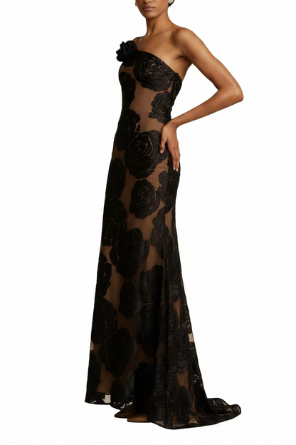 Damska sukienka maxi na jedno ramię z motywem kwiatowym-Maxi Dress-Olave