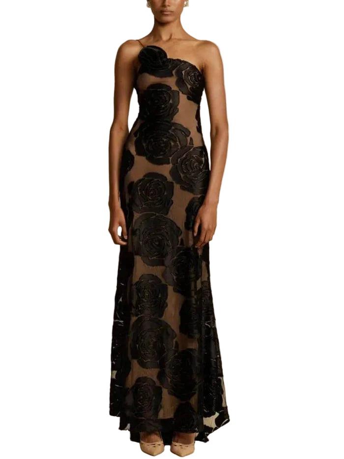 Damska sukienka maxi na jedno ramię z motywem kwiatowym-Maxi Dress-Olave