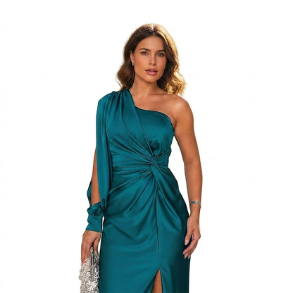 Damska sukienka maxi na jedno ramię z wiązaniem w talii-Maxi Dress-Olave