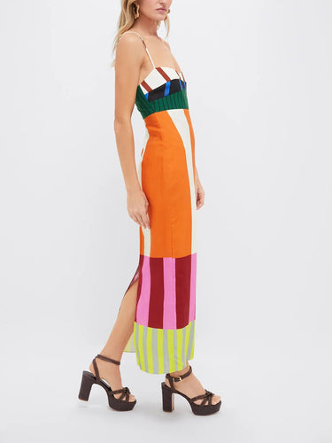 Damska sukienka maxi na ramiączkach z panelem kolorystycznym-Maxi Dress-Olave