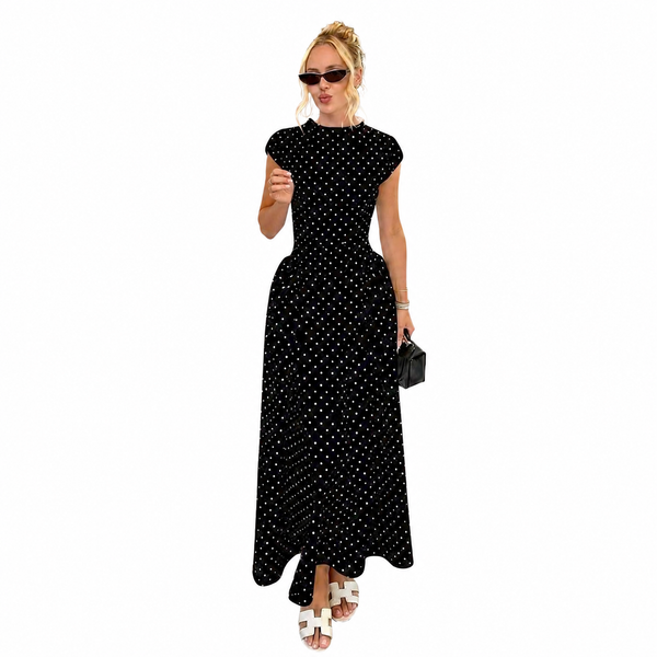 Damska sukienka maxi w kropki z krótkimi rękawkami i plisowaną spódnicą-Maxi Dress-Olave