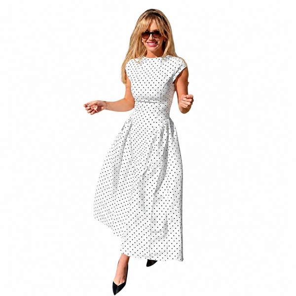Damska sukienka maxi w kropki z krótkimi rękawkami i plisowaną spódnicą-Maxi Dress-Olave