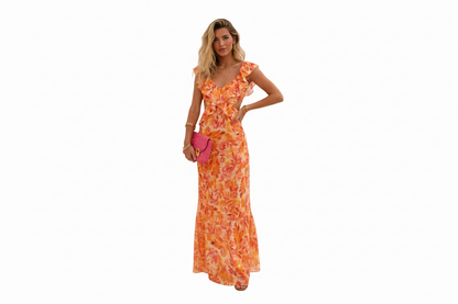 Damska sukienka maxi w kwiatowy wzór z falbanami-Maxi Dress-Olave