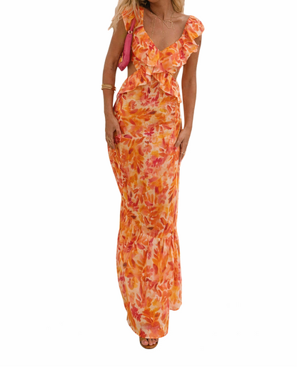 Damska sukienka maxi w kwiatowy wzór z falbanami-Maxi Dress-Olave