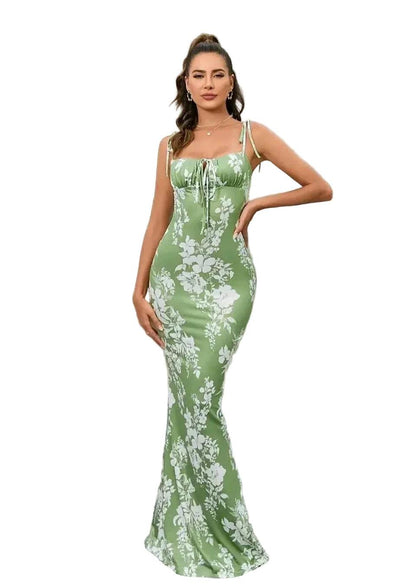 Damska sukienka maxi w kwiatowy wzór z wiązanymi ramiączkami-Maxi Dress-Olave