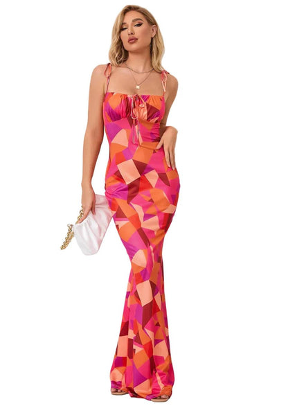 Damska sukienka maxi w kwiatowy wzór z wiązanymi ramiączkami-Maxi Dress-Olave