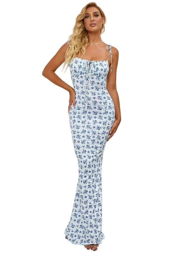 Damska sukienka maxi w kwiatowy wzór z wiązanymi ramiączkami-Maxi Dress-Olave