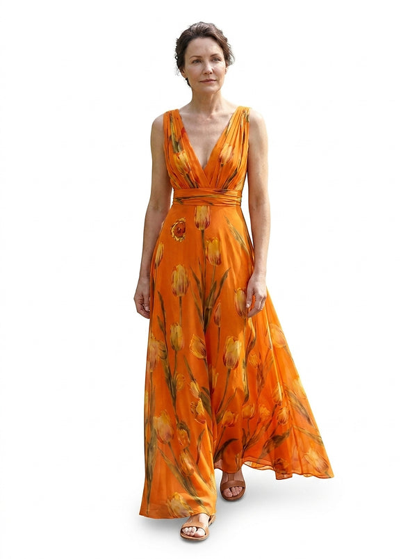 Damska sukienka maxi w kwiaty bez rękawów z dekoltem w serek-Maxi Dress-Olave