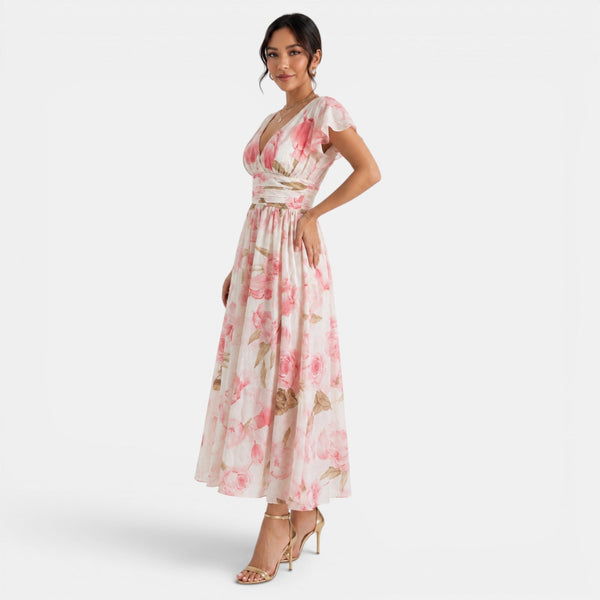 Damska sukienka maxi w kwiaty z dekoltem w serek-Maxi Dress-Olave